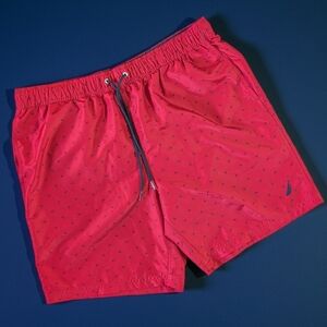 Nautica Swim Shorts Trunks Men's Whale Print Red Navy Drawstring Pockets Size Xl